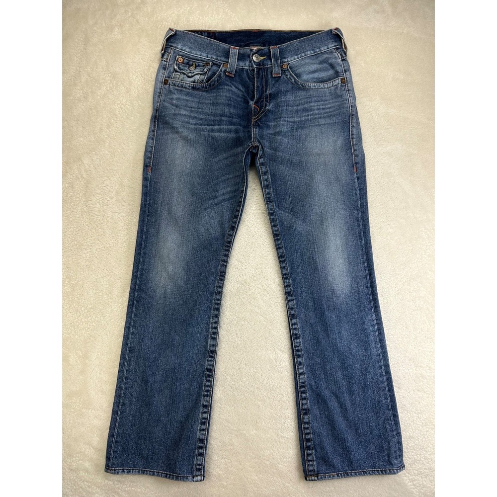 True Religion Billy Jeans Mens 31 Blue Denim Bootcut Straight Whisker USA Made